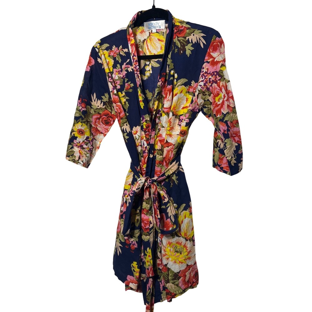 Sandy Waters Womens Navy Floral Cotton Mini‎ Robe 3/4 Sleeve Wrap Belted XS/S